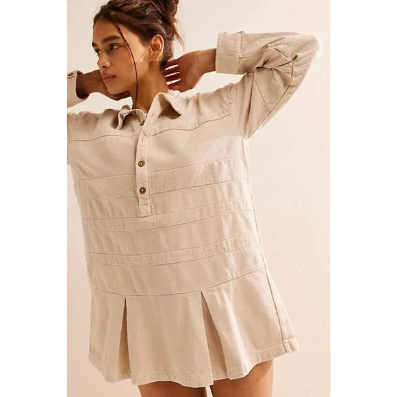 NEW FREE PEOPLE FREE-EST BEIGE CHECKIN' IN MINI DRESS SZ SMALL S - Picture 5 of 8